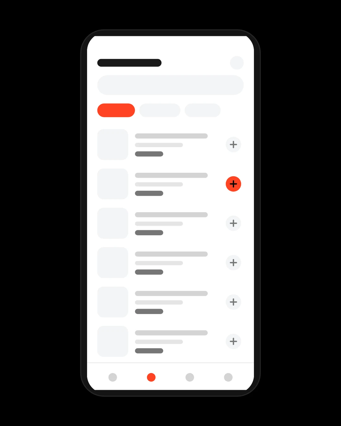 Ilustração de um celular com uma lista de produtos, cada um com um botão de adicionar, um deles marcado em vermelho. Desenho esquemático feito para esta página: não é a tela real do app.