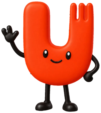 O mascote da Ufoody, o U vermelho da marca com rosto, braços e pernas, acenando.